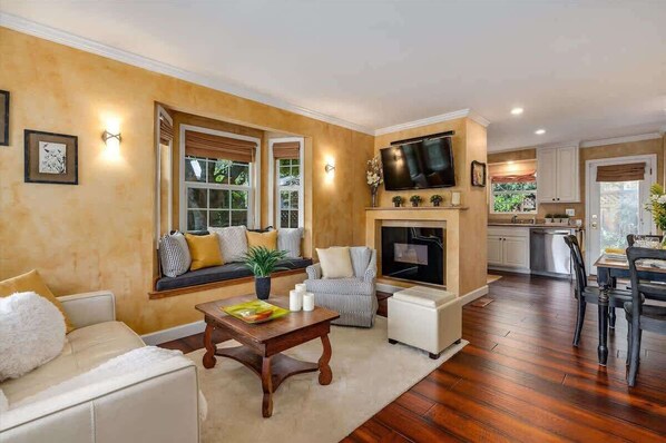 Smart TV, fireplace, books