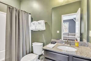Hair dryer, towels, soap, shampoo