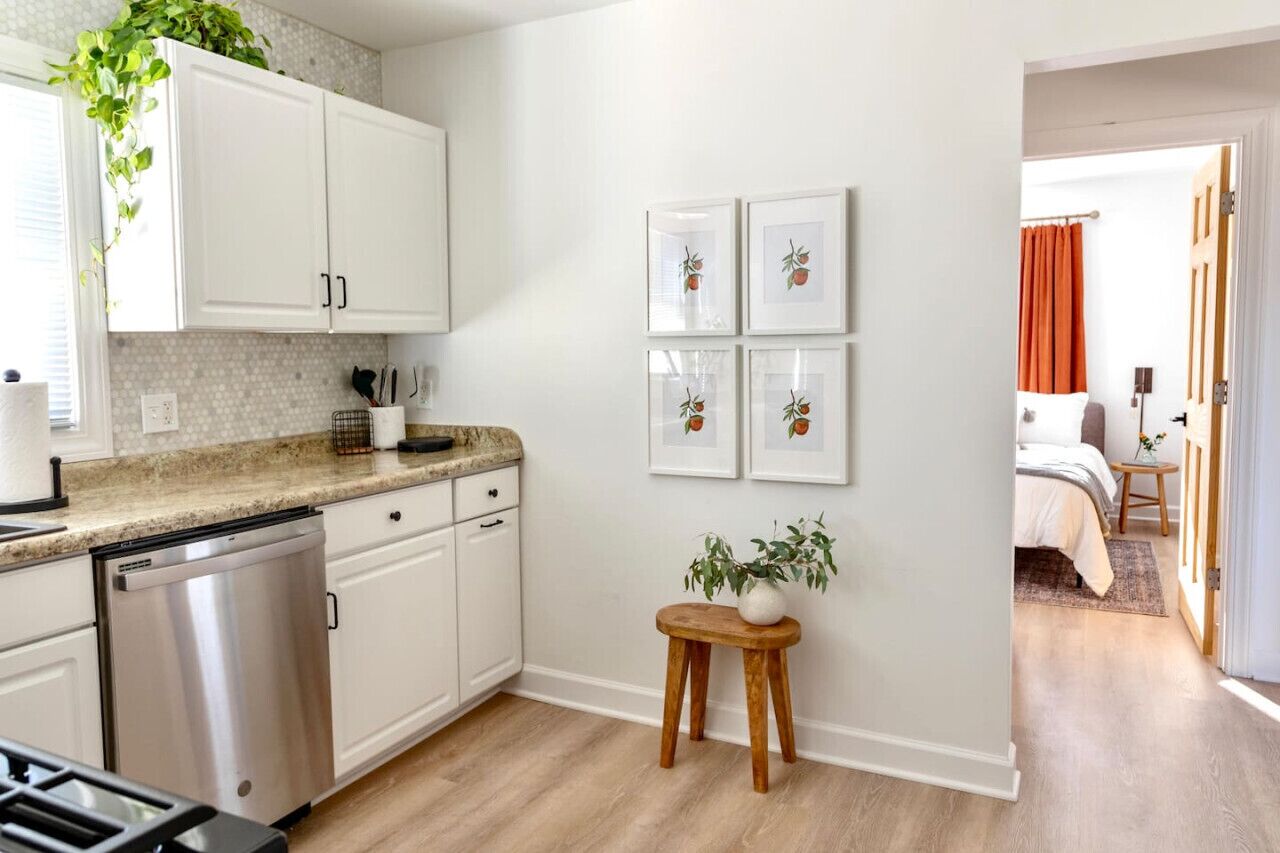 A modern kitchen with white cabinets, a dishwasher, and a countertop with a plant. There are framed pictures on the wall and a small stool with a plant.