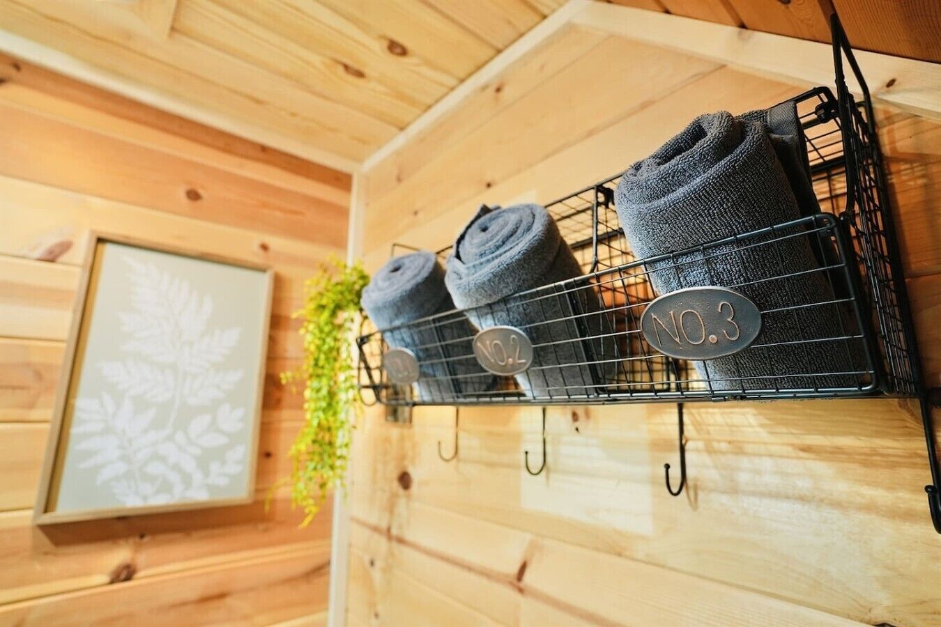Un mur en bois sur lequel est fixée une étagère en métal où sont rangées des serviettes enroulées, ainsi qu’une plante.