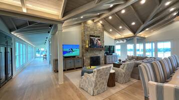 Smart TV, fireplace, foosball, table tennis