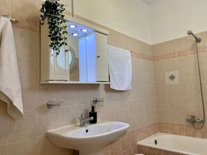 Hair dryer, towels, soap, shampoo