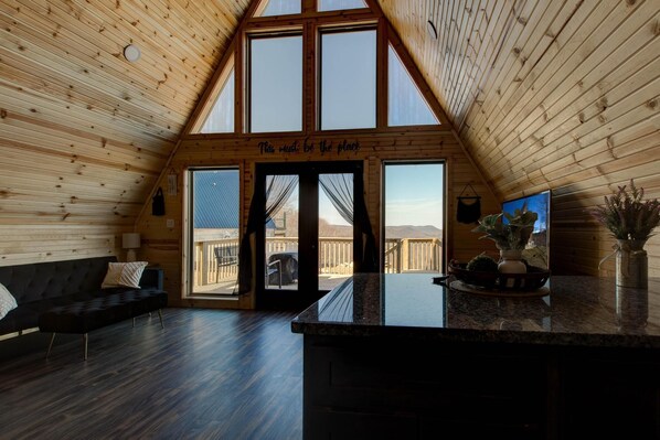 Living area - New! Mountain Top A-Frame cabin, The Triangles-Gorgeous View, Hot Tub! (Stanton)