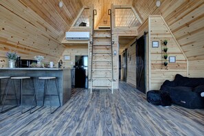 Living area - New! Mountain Top A-Frame cabin, The Triangles-Gorgeous View, Hot Tub! (Stanton)