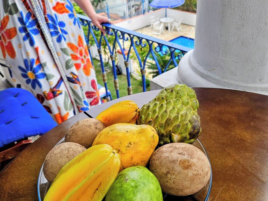A table with a fruit bowl containing various fruits, a person in a floral dress, and a cityscape view.