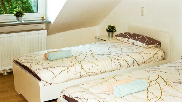 Een slaapkamer met twee bedden, een raam met uitzicht op groen, een radiator en een klein tafeltje met een plant.