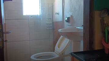 Hair dryer, towels, soap, shampoo