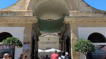 An entrance to a historic building with a stone archway and a sign reading "Mercado Central de Abastos Ayuntamiento de Cádiz".