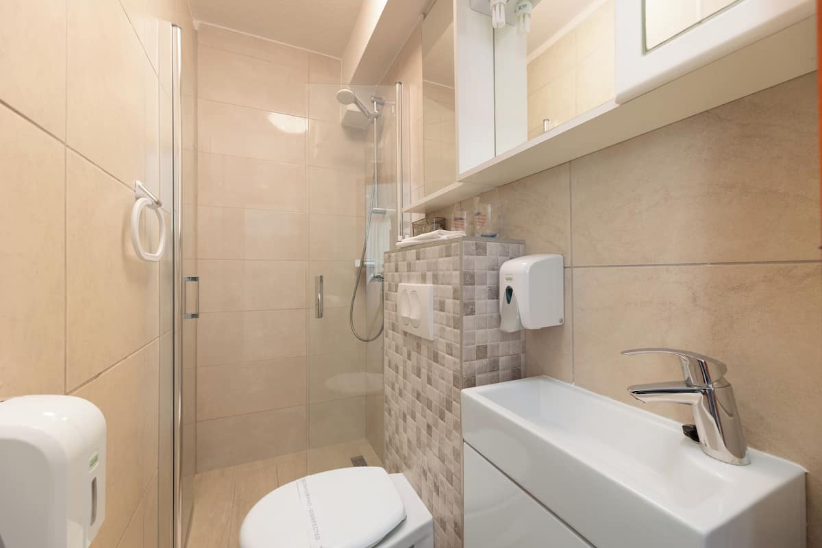 A modern bathroom with a glass-enclosed shower, a white toilet, and a sink with a chrome faucet.