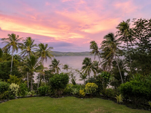 Un paysage tropical avec une étendue d’eau, des palmiers et une zone herbeuse.