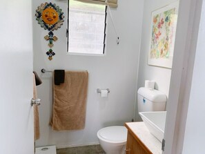 Shower, towels, soap, shampoo