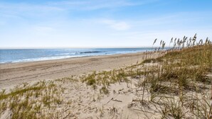 Una playa con dunas de arena y hierba en primer plano, que se extiende hasta el océano.