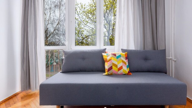 A bedroom with a grey sofa bed, a colorful chevron pillow, and a view of trees through a window. - Rynek Wrocław Cosy Studio (Wrocław)
