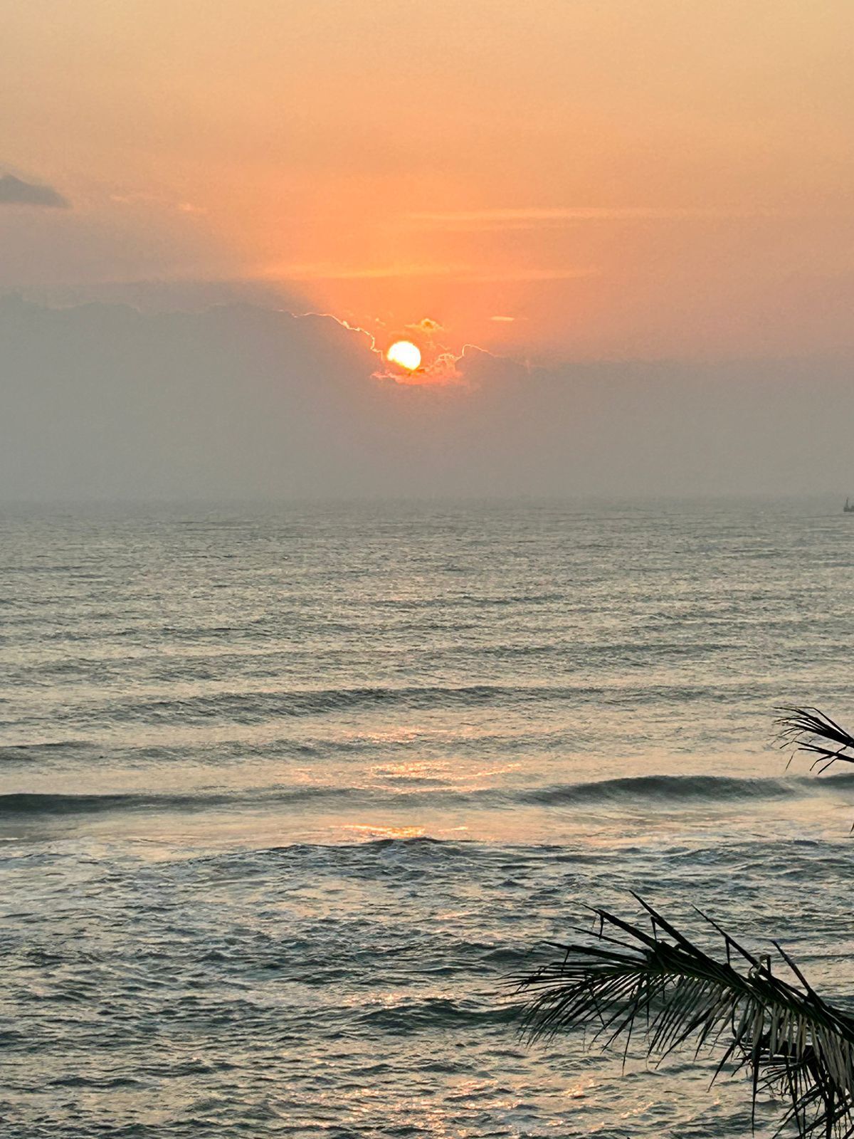 Un coucher de soleil sur l’océan, avec des eaux calmes et un navire à l’horizon.