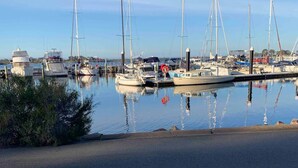 A marina with several sailboats docked, calm water, and a clear sky.