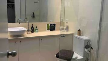 Hair dryer, towels, soap, shampoo