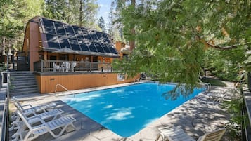 A swimming pool with lounge chairs, a wooden building with solar panels, and a forested background.