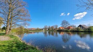 A calm lake with a clear sky, surrounded by trees and buildings.