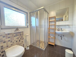 Dusche, Haartrockner, Handtücher, Seife