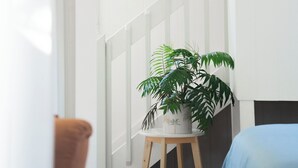 Un escalier avec des rampes blanches mène à une chambre. Une plante en pot est posée sur une petite table à côté de l’escalier.