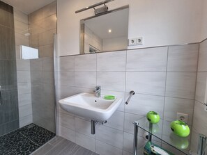 Ducha, secador de pelo, toallas, jabón