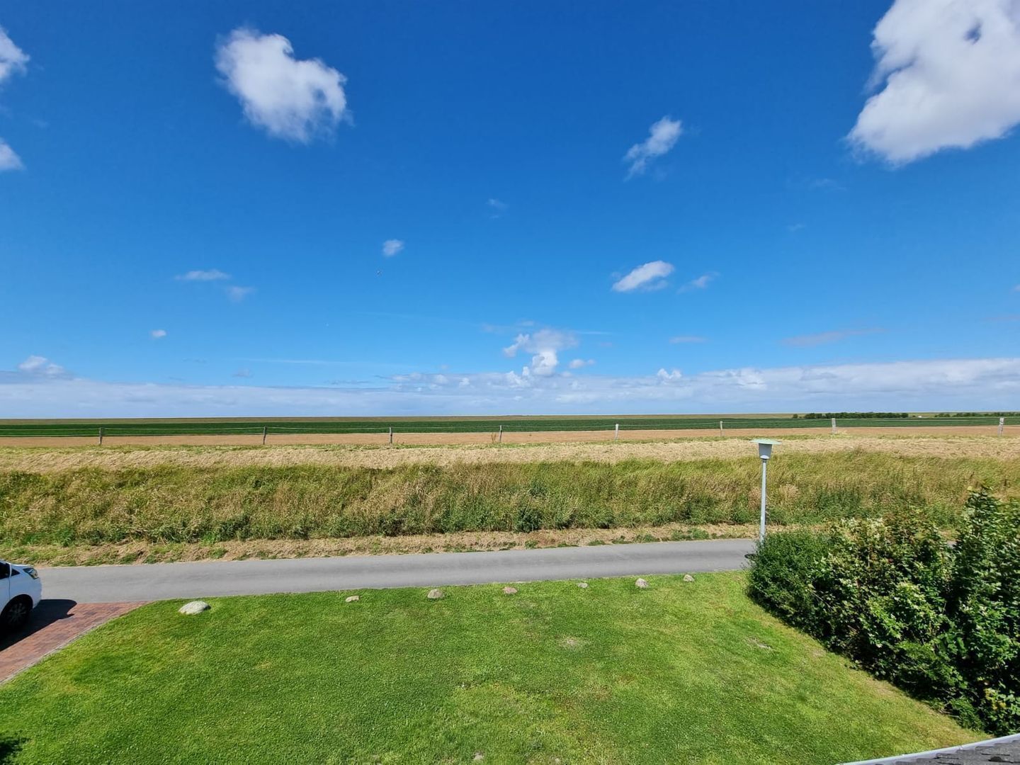 Paisaje rural con una carretera, campos cubiertos de hierba y un cielo azul despejado.
