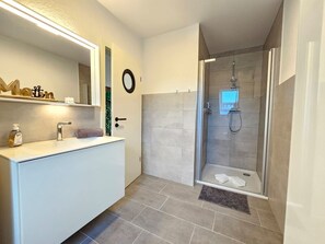 Shower, hair dryer, soap
