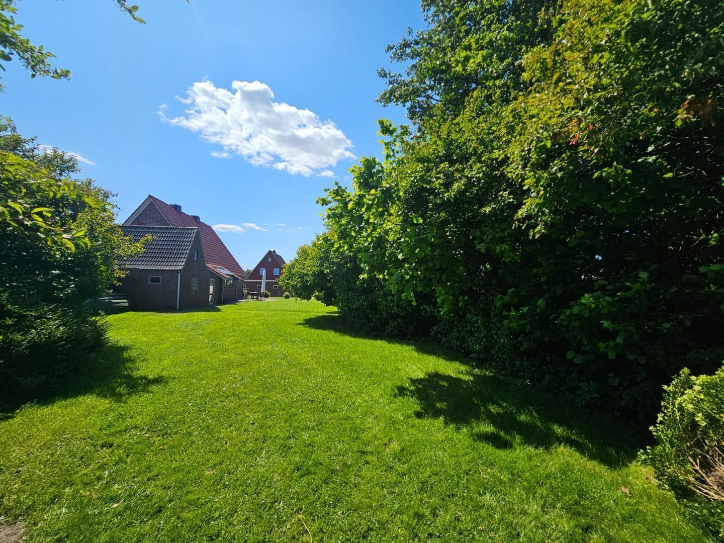 A grassy pathway leading to a row of red-roofed buildings surrounded by dense green foliage.