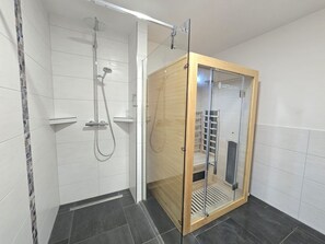 Shower, hair dryer, soap