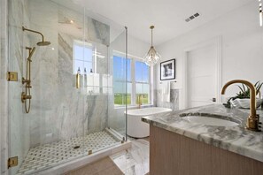 Shower, hair dryer, towels
