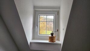 A small attic window with a view of trees outside. - Apartment 'Ferienwohnung Auf Der Heide' with Shared Terrace, Shared Garden and Wi-Fi (Großschönau)