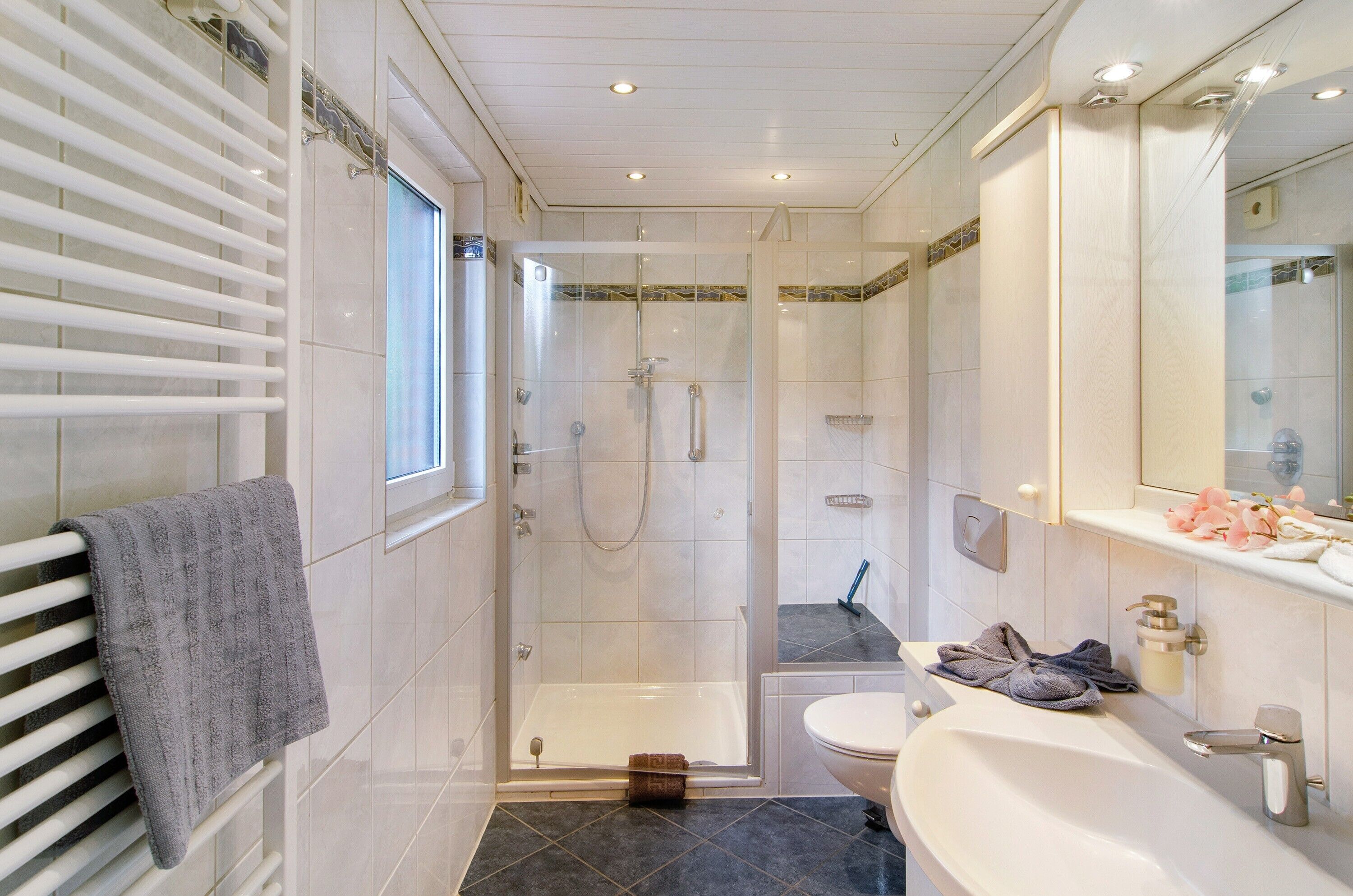 Shower, hair dryer, towels