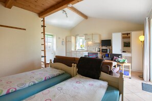 Une chambre avec deux lits, un coin cuisine, une télévision et une salle de bain.