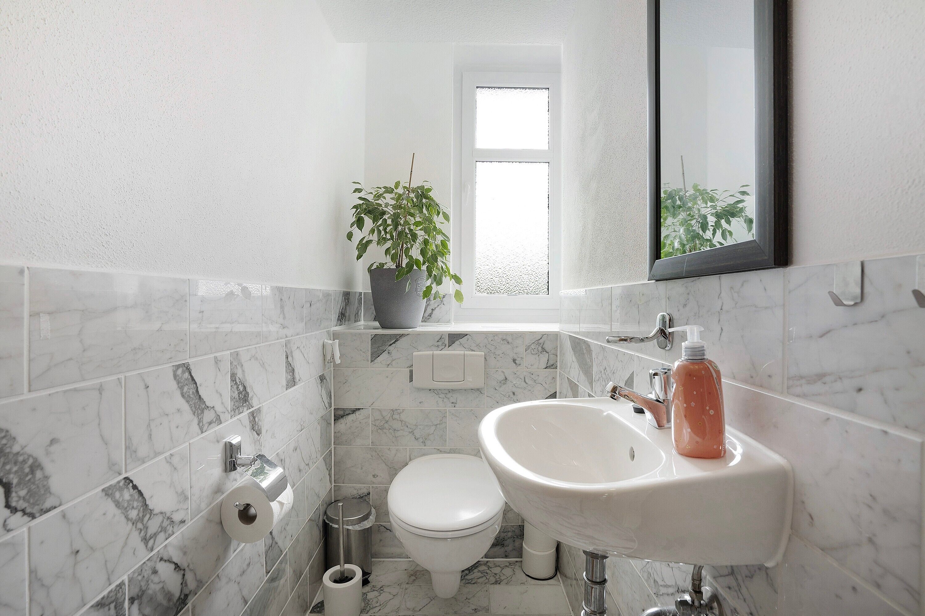 Un baño con inodoro, lavamanos, espejo y planta en maceta.