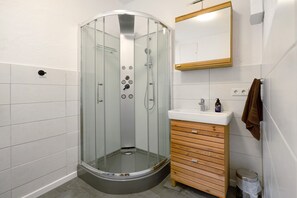 Shower, hair dryer, towels