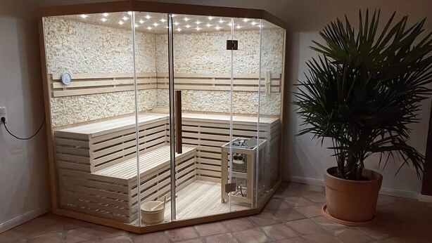 A sauna with a glass enclosure, wooden benches, and a potted plant. - Suite Wintergarten: Lake Access, Wi-Fi, Parking, 2 Bathrooms, Large Garden (Dedelstorf)