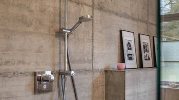 Une douche équipée d’un pommeau de douche à main et d’un panneau de commande fixé au mur. Des tableaux encadrés ornent le mur.