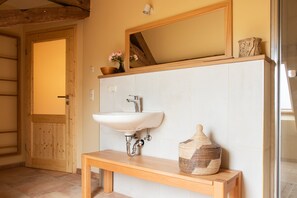 Shower, free toiletries, hair dryer, towels - Apartment 'Fewo Hohe Liebe' with Mountain View and Shared Terrace (Rathmannsdorf)