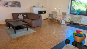 Een woonkamer met een bank, salontafel, televisie, open haard, raam met uitzicht en een dierenbed.