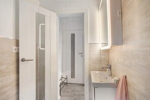Shower, hair dryer, towels