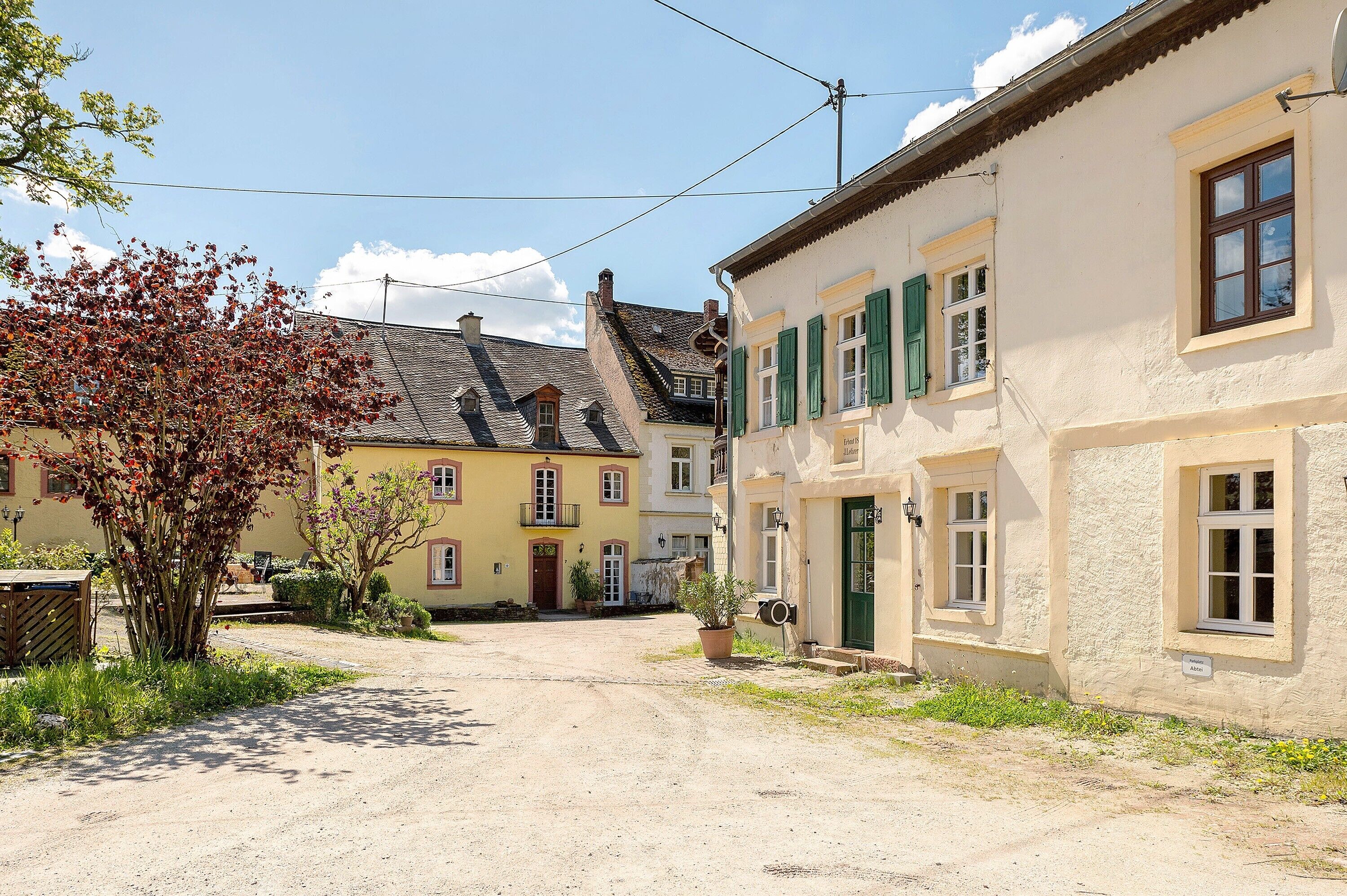 A narrow street with traditional buildings, a dirt path, and a tree with red leaves.