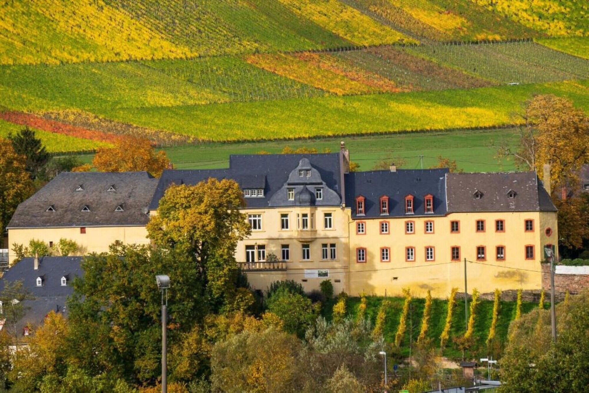 A large building with multiple windows and a sloped roof, surrounded by greenery and fields.