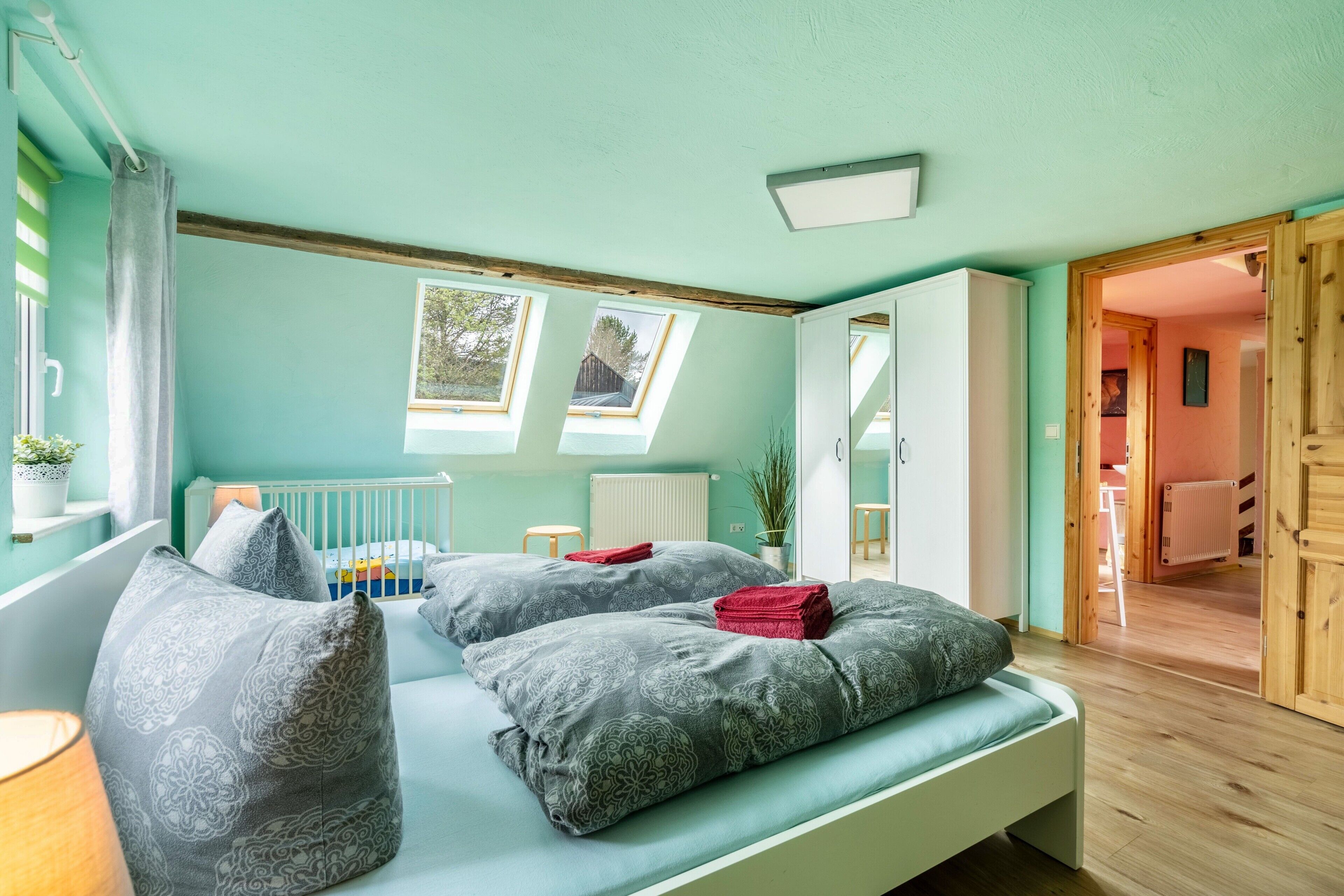 Une pièce avec un lit, des fenêtres de toit, un radiateur, une plante et une porte donnant sur une autre pièce.
