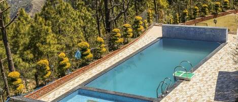A rectangular swimming pool with a tiled deck, surrounded by a brick wall and a row of trees.