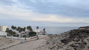 Una propiedad costera con playa de arena, palmeras y vista al mar.