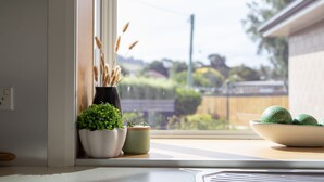 Un rebord de fenêtre orné de plantes en pot et d’un bol d’œufs verts.