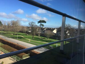 Vista da janela para uma área residencial com casas, uma rua e um parque gramado.
