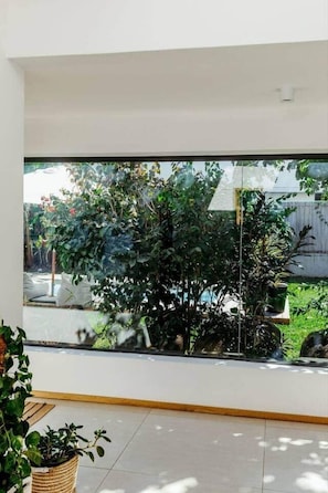 Een kamer met een groot raam, betegelde vloer en een kamerplant.