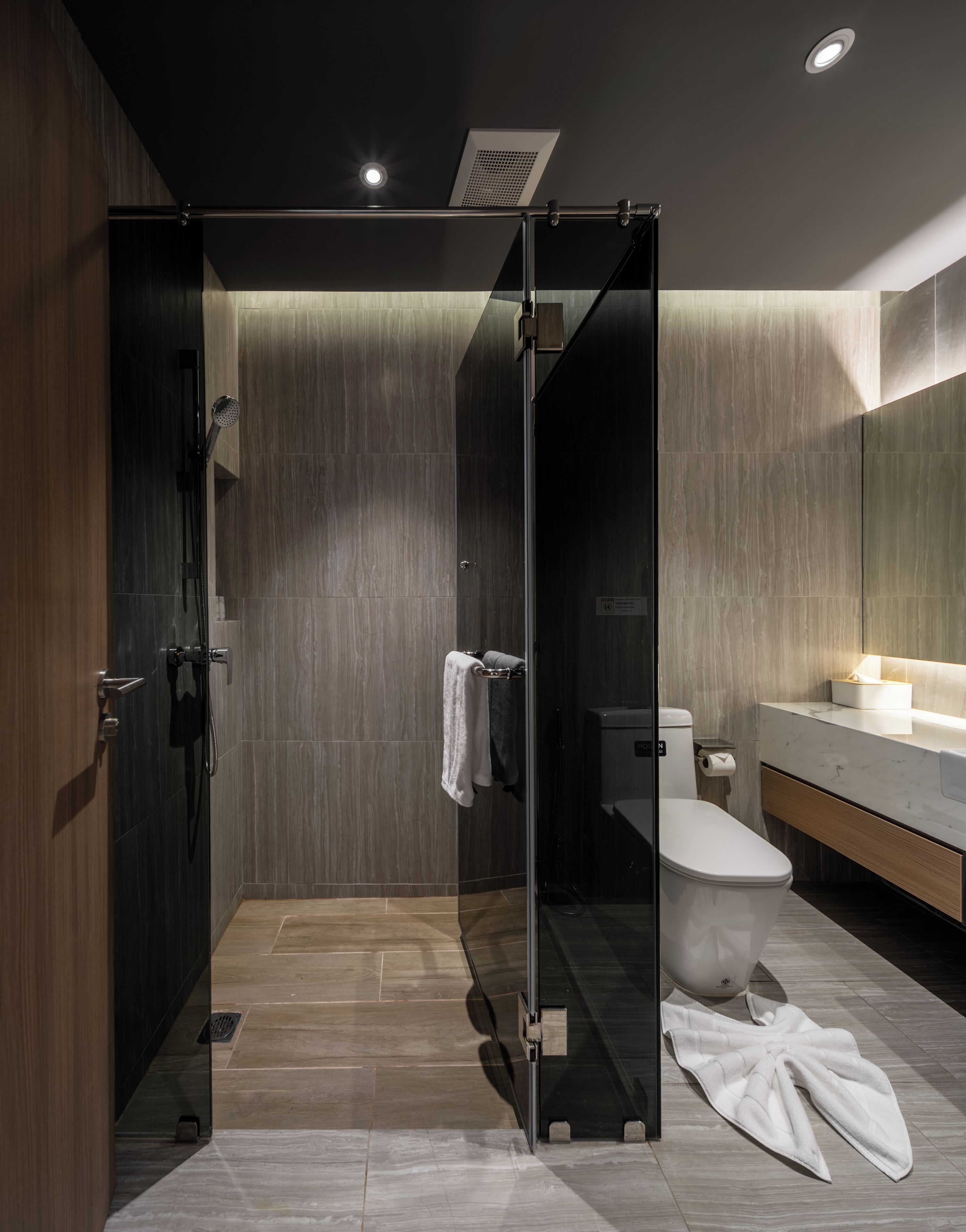 A modern bathroom with a glass shower enclosure, a toilet, and a vanity with a mirror.
