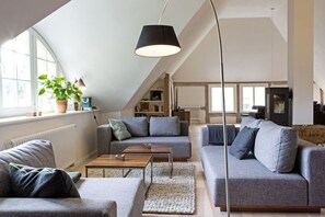 Smart TV, fireplace, DVD player, books